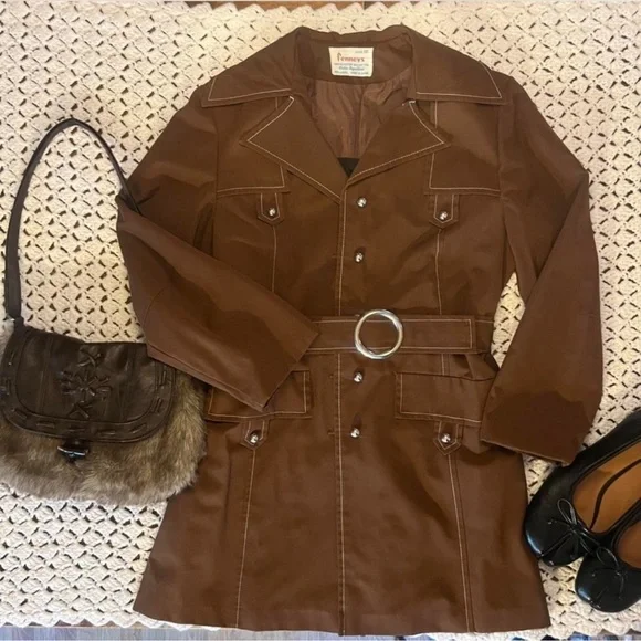 American Vintage Brown Double-Breasted Belted Trench Coat - Picture 9 of 12